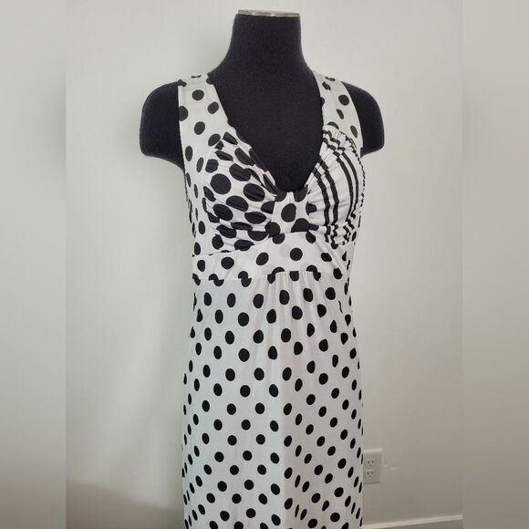 Blue Papaya Maxi Dress Polka Dot Black White Pinup Empire Waist Modest Small - Picture 2 of 9